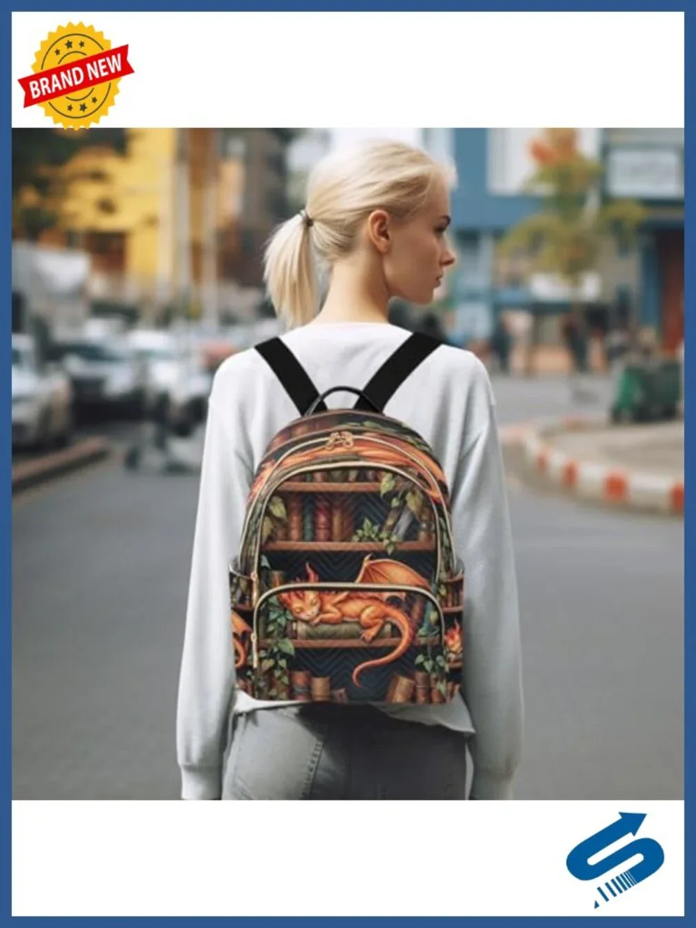 Dragon Bookshelf Print Mini Backpack Polyester Travel Daypack 14L